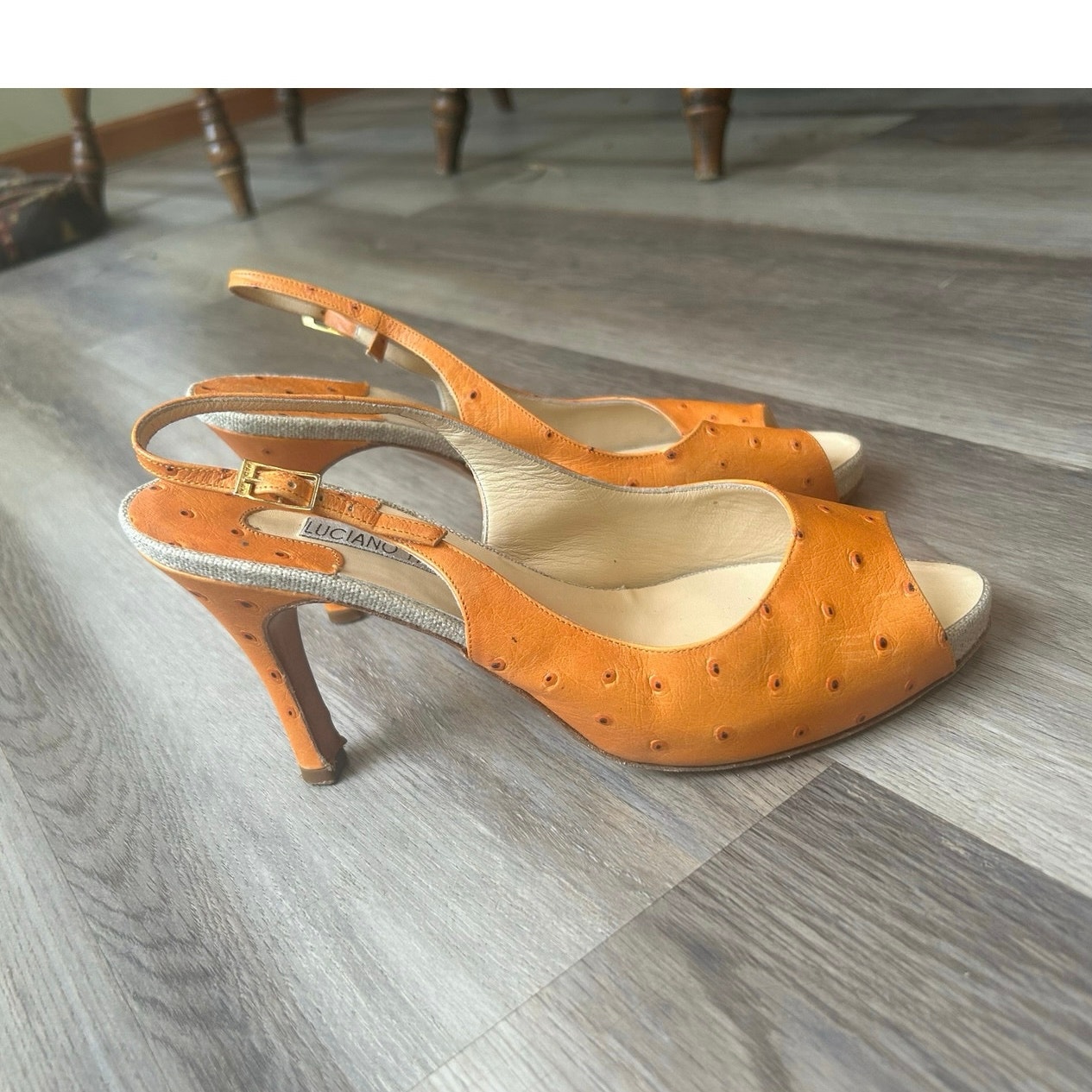 Luciano Padovan Designer Orange Ostrich Embossed Leather Slingback Heelswedding
